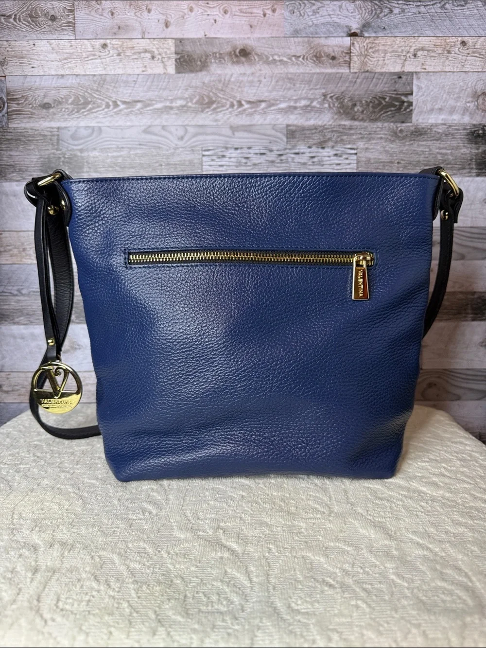 Valentina Navy Blue Pebbled Leather Crossbody with Gold Hardware